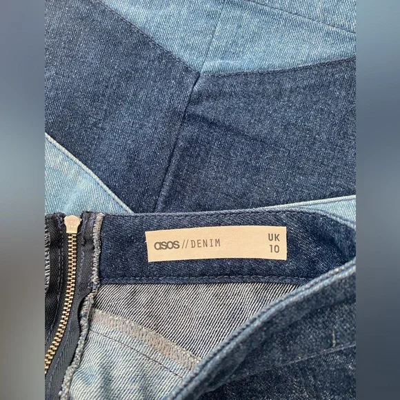 ASOS 100% Cotton Denim Blue Chevron Patchwork Mini Skirt - Picture 8 of 9